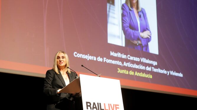 La consejera de Fomento, Marifrán Carazo, en el evento ferroviario 'Rail Live! 2022' que se celebra en Málaga.