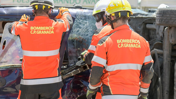 Efectivos de bomberos de Granada, en un simulacro.