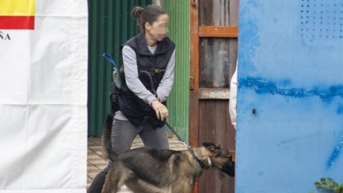 Una agente durante la búsqueda de los temporeros con ayuda de una perro