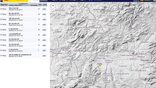 Mapa del IGN donde se señala dónde se han producido los pequeños terremotos.
