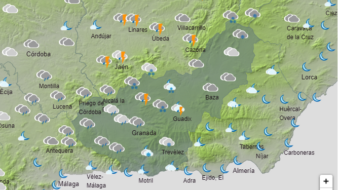 Mapa con la posibilidad de nevadas en Granada esta próxima madrugada.