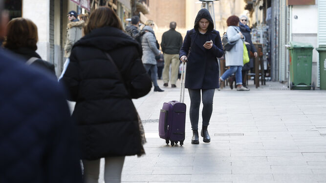 Una turista pasea su maleta por la zona comercial del centro de Granada