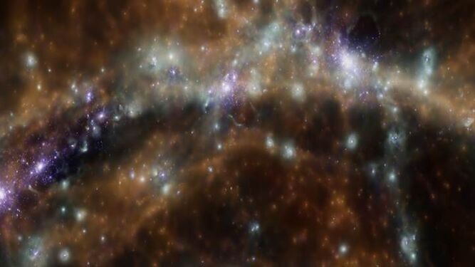 Cúmulos de galaxias incrustados en la red cósmica de materia oscura y bariónica que se cree que impregna el Universo