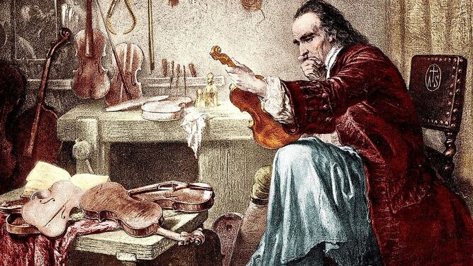 Antonio Stradivari en su legendario taller de instrumentos de cuerda.