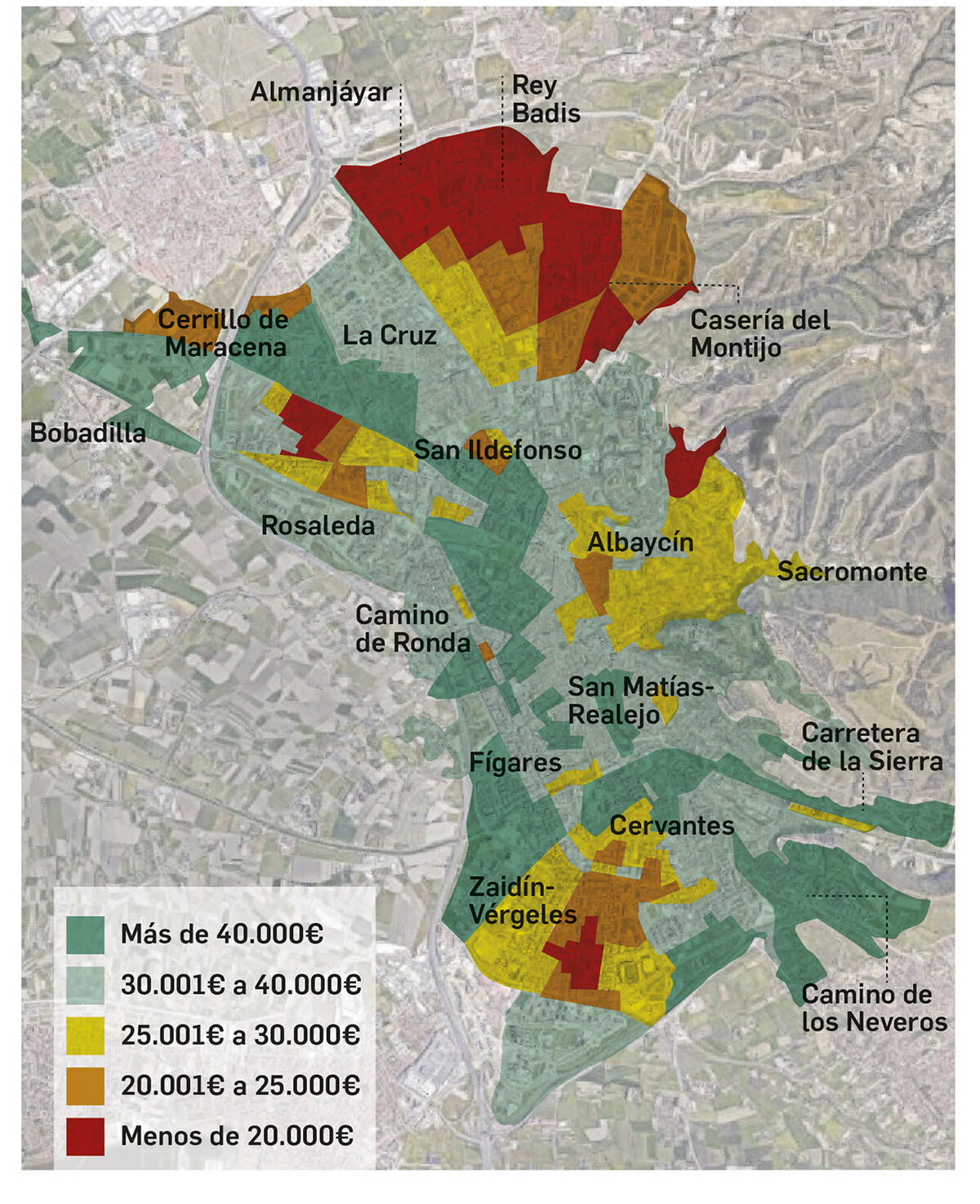 Mapa del nivel de renta en Granada por barrios