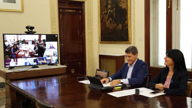 Imagen de una reunión telemática entre el delegado del Gobierno en Andalucía y la subdelegada en Granada para tratar asuntos del PFEA
