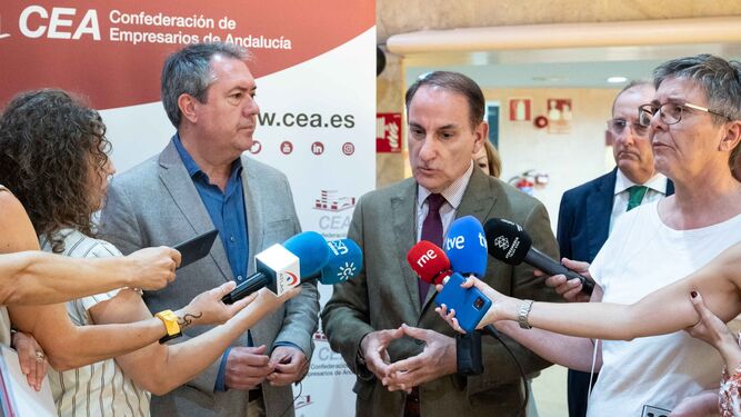 El presidente de la CEA, Javier González de Lara, y el secretario general del PSOE-A, Juan Espadas, tras el encuentro de este lunes.