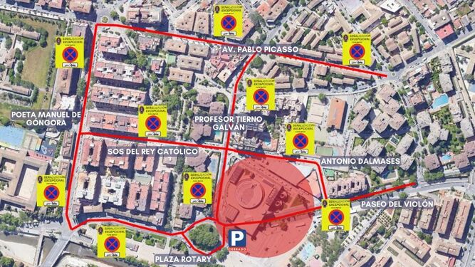 Mapa con las restricciones de estacionamiento junto al Palacio de Congresos.