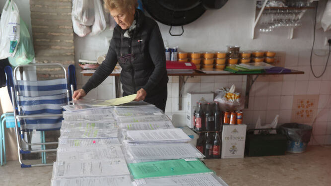 La portavoz de los vecinos de la barriada Guadalquivir de Coria del Río afectados por la contaminación, Rogelia Gómez, al final de la larga mesa que expone toda la documentación archivada.