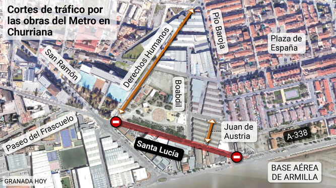 Primeros cortes de tráfico por las obras del Metro en Churriana de la Vega