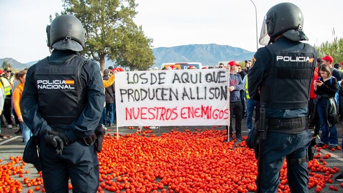 Los agricultores consiguieron bloquear el Puerto de Motril en una nueva jornada de protestas con lanzamiento de tomates