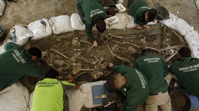 Trabajos de exhumación en la fosa del Barranco de Víznar, lugar catalogado de Memoria Histórica