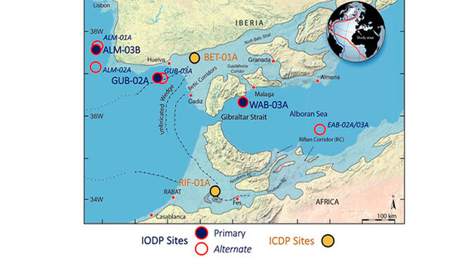 Configuración de los estrechos hace 8 millones de años y la posición de los sondeos de la expedición.