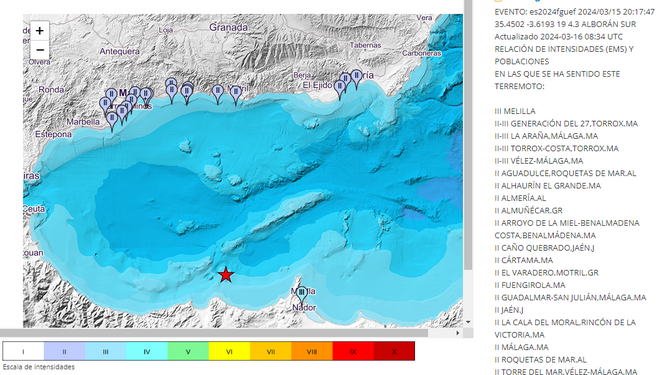 Mapa de intensidades del temblor de ayer noche en Melilla, que se percibió en la Costa de Granada.